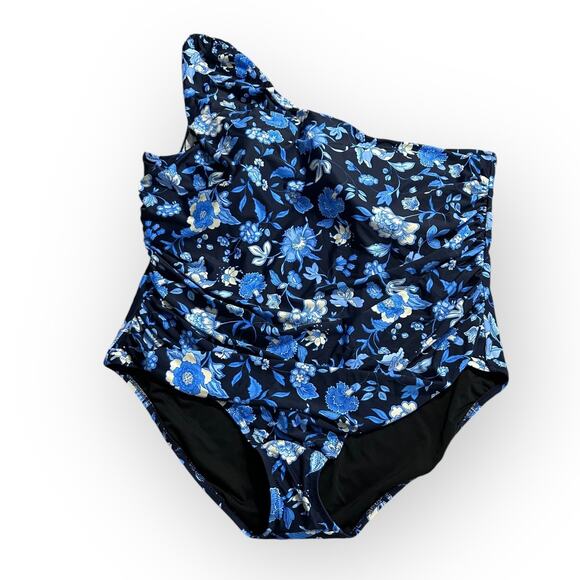 J.Crew One-Piece Swimsuit Women's Plus 24 Blue Floral Ruched One-Shoulder NWT - Picture 2 of 6